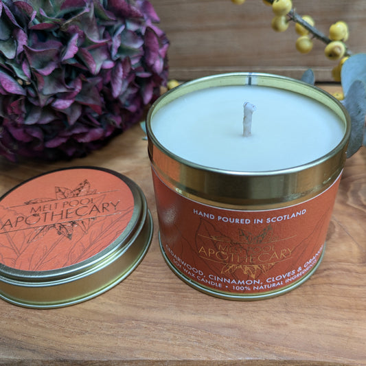 Cedarwood with Cinnamon, Cloves & Orange - Large Gold Tin Candle